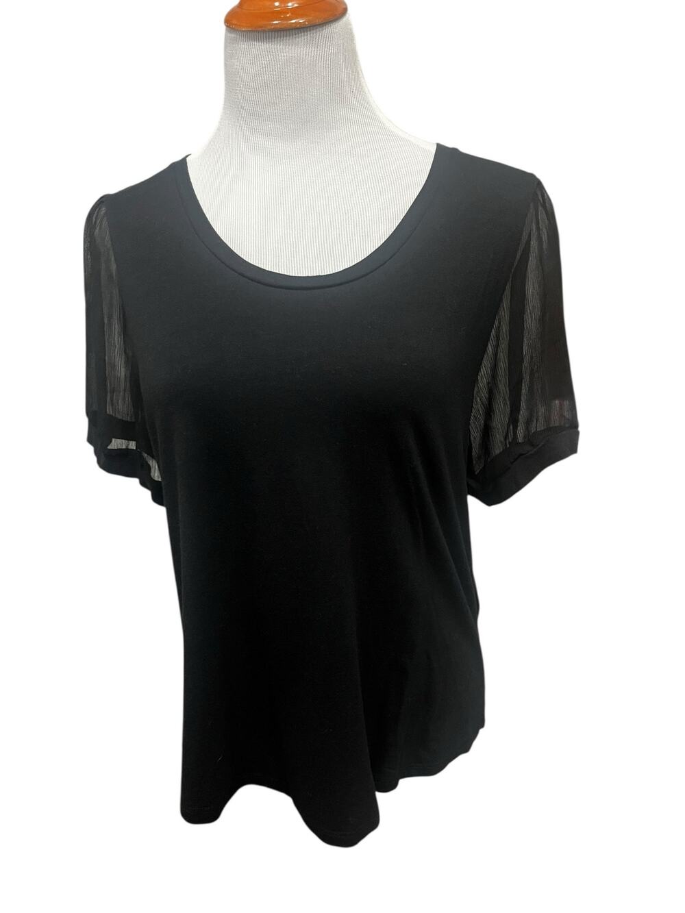 DKNY Women's Black Fitted Blouse Sheer Sleeves  SIZE Large